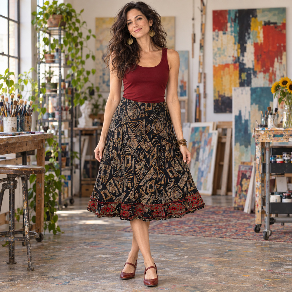 Vintage Y2K Chico’s Sz 3 XL Beaded Midi Skirt Black Brown Red Bohemian Artsy